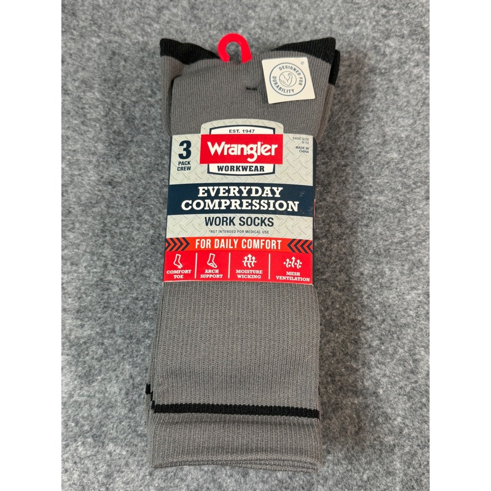 Wrangler Workwear Everyday Compression Men 6-12 Gray NWT 3 Pack Crew Socks